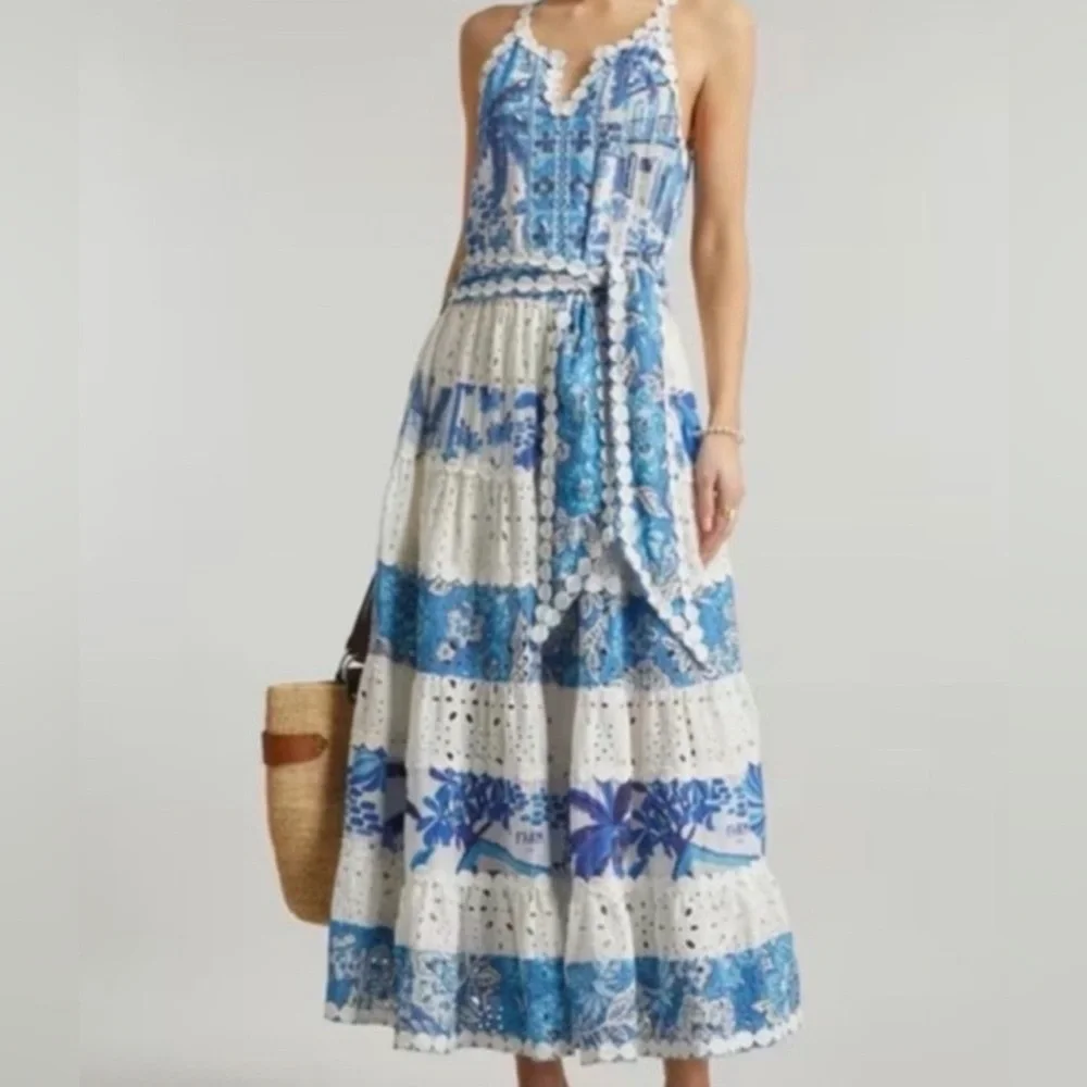 NWT FARM RIO Women’s White and Blue Prints Maxi Dress - XS